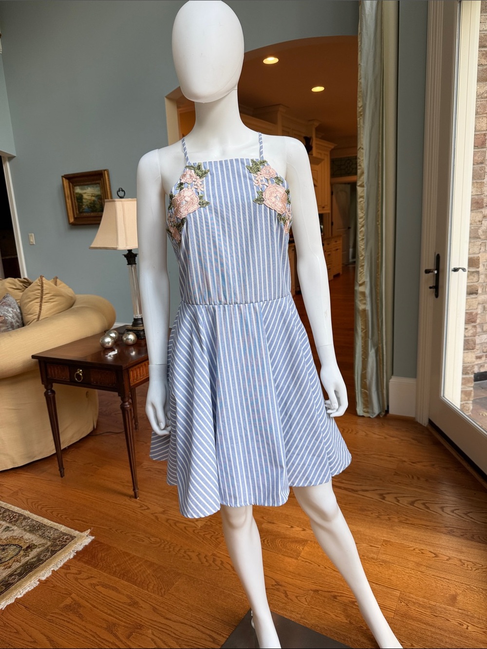 Jodi Kristopher Blue and White Striped Mini Dress with Pink Floral Applique